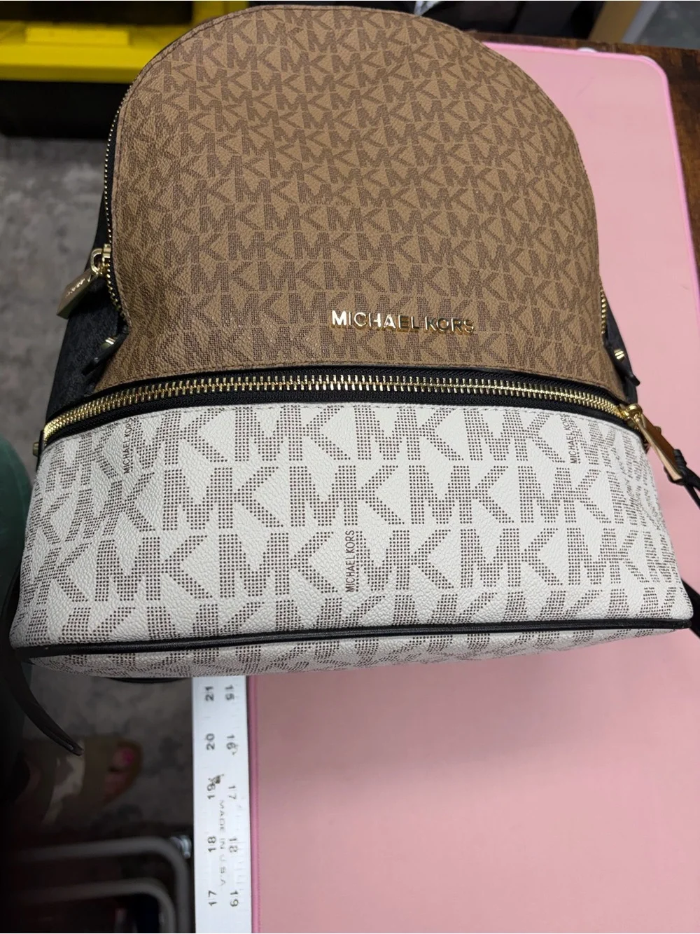 Michael Kors Rhea Browns & White MK Signature mini Dome Backpack